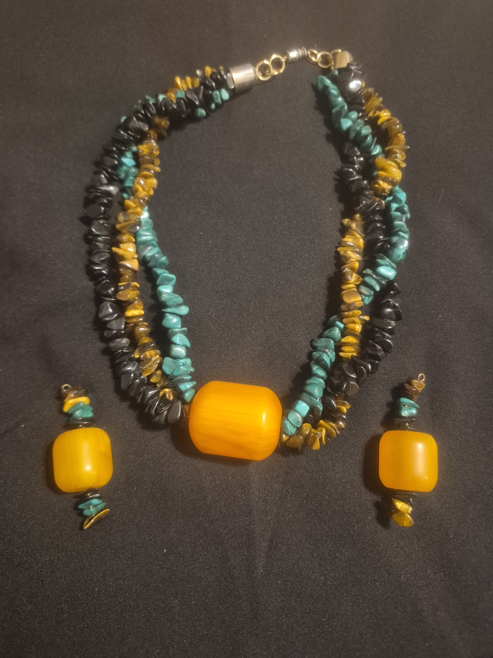 Handcrafted Turquoise Black and Amber Bead Necklace & Earring Set